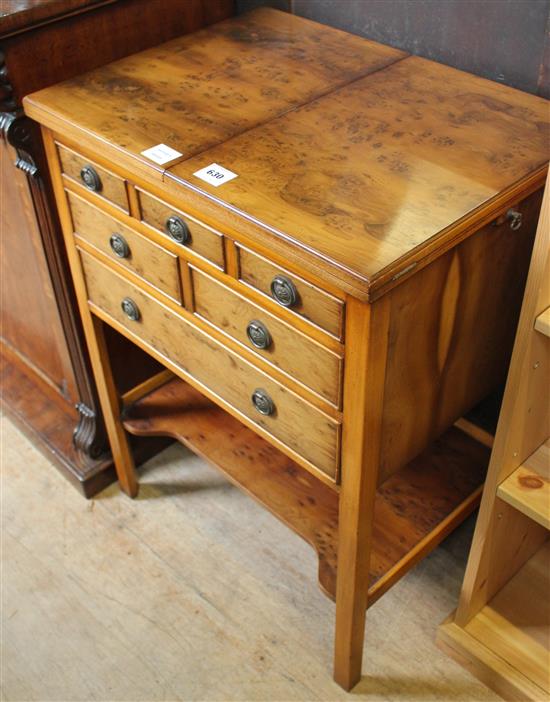 Yew wood flap top table, fitted drawers(-)